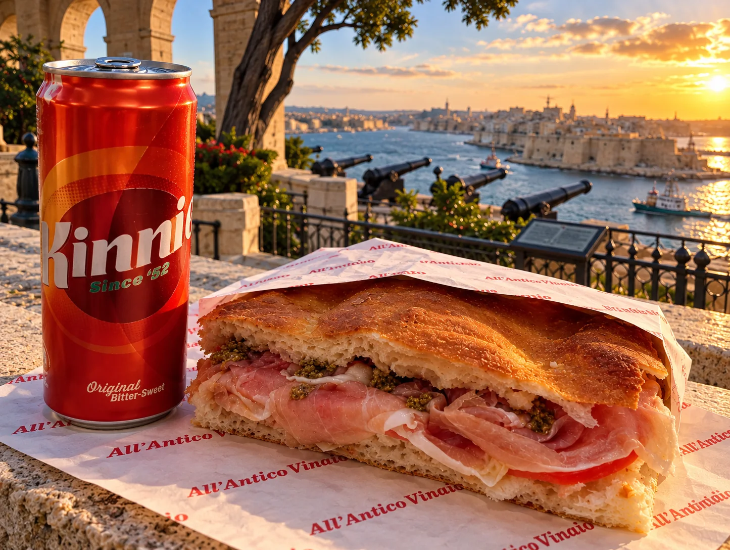 AI-created Comino editorial visual of schiacciata and a soft drink in Malta
