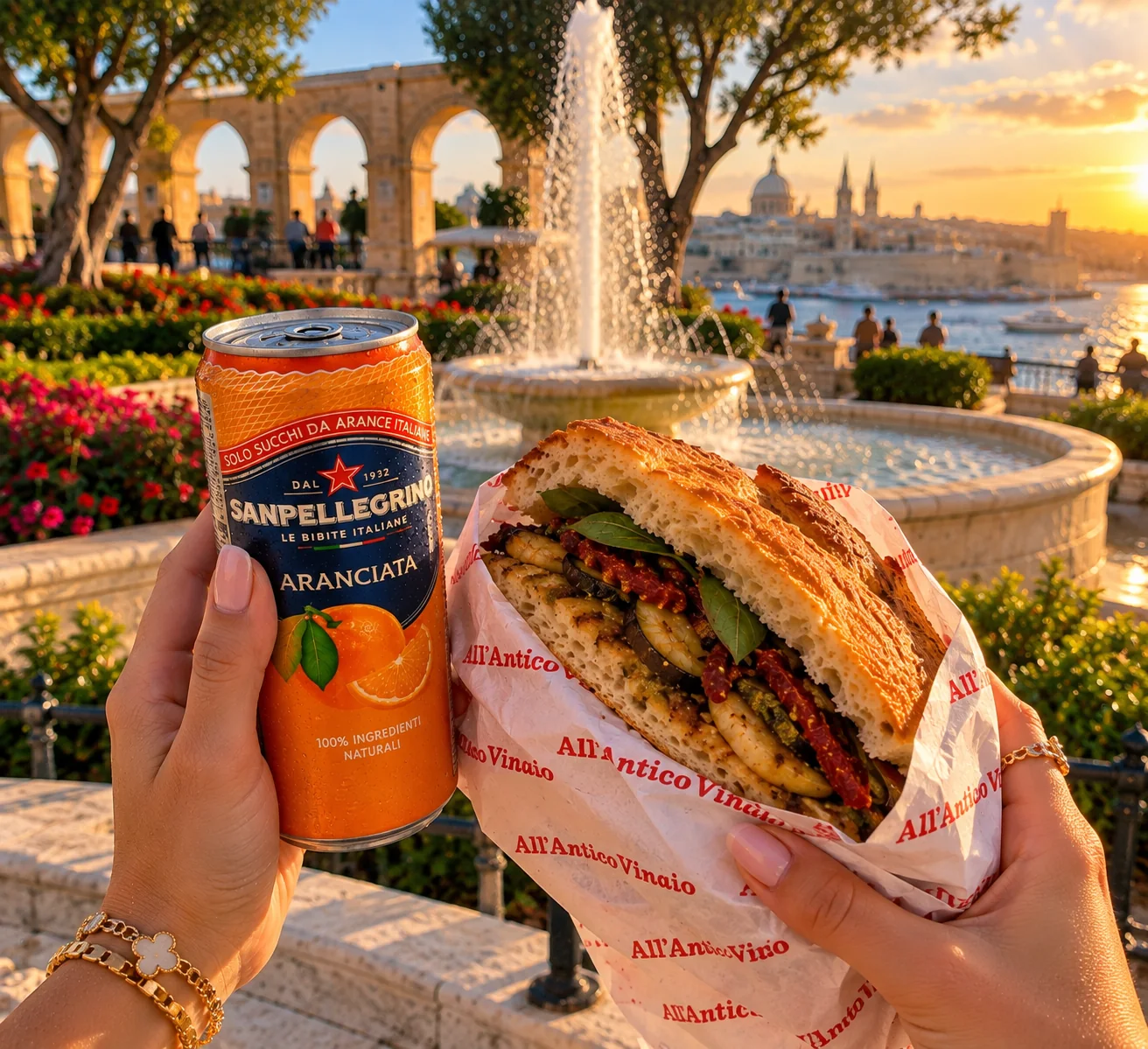 AI-created Comino editorial visual inspired by schiacciata and San Pellegrino Aranciata