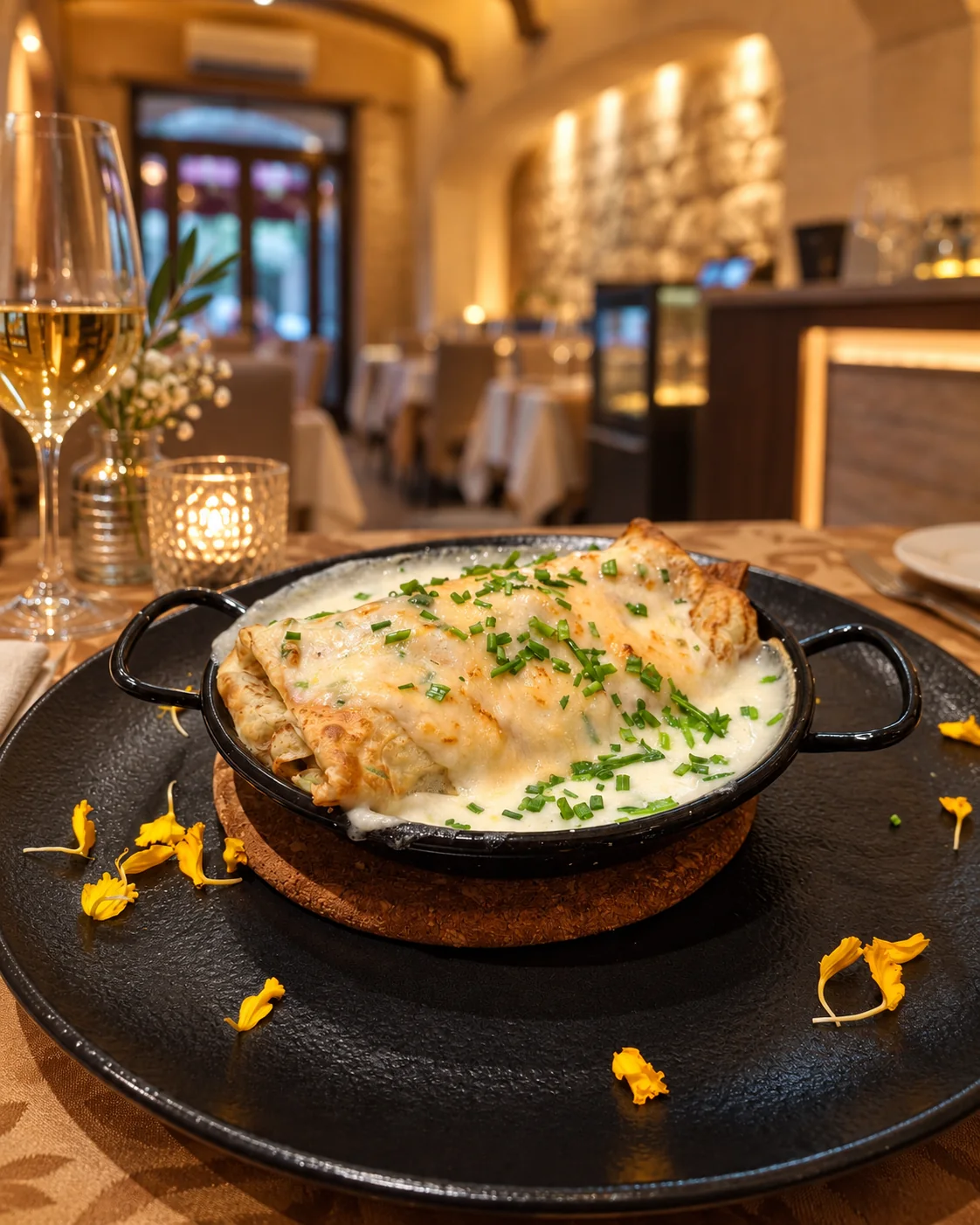 Baked savoury crepe dish at L’Arkati